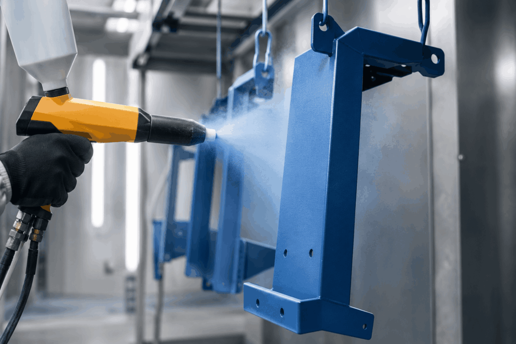 Pulvérisation de peinture époxy en cabine industrielle sur une pièce métallique